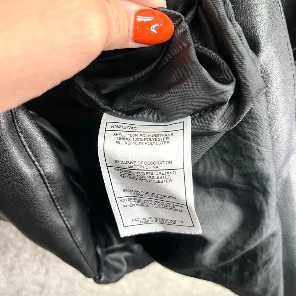 Steve Madden Coat Girls Large 14-16 Black Faux‎ Leather Zip Up Puffer with Hood